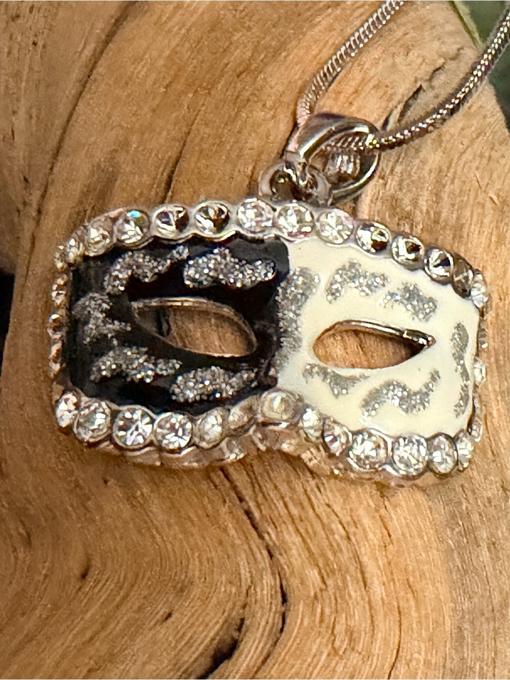 Black White Swarovski Filled Theater Mask Mardi Gras Necklace 16” chain